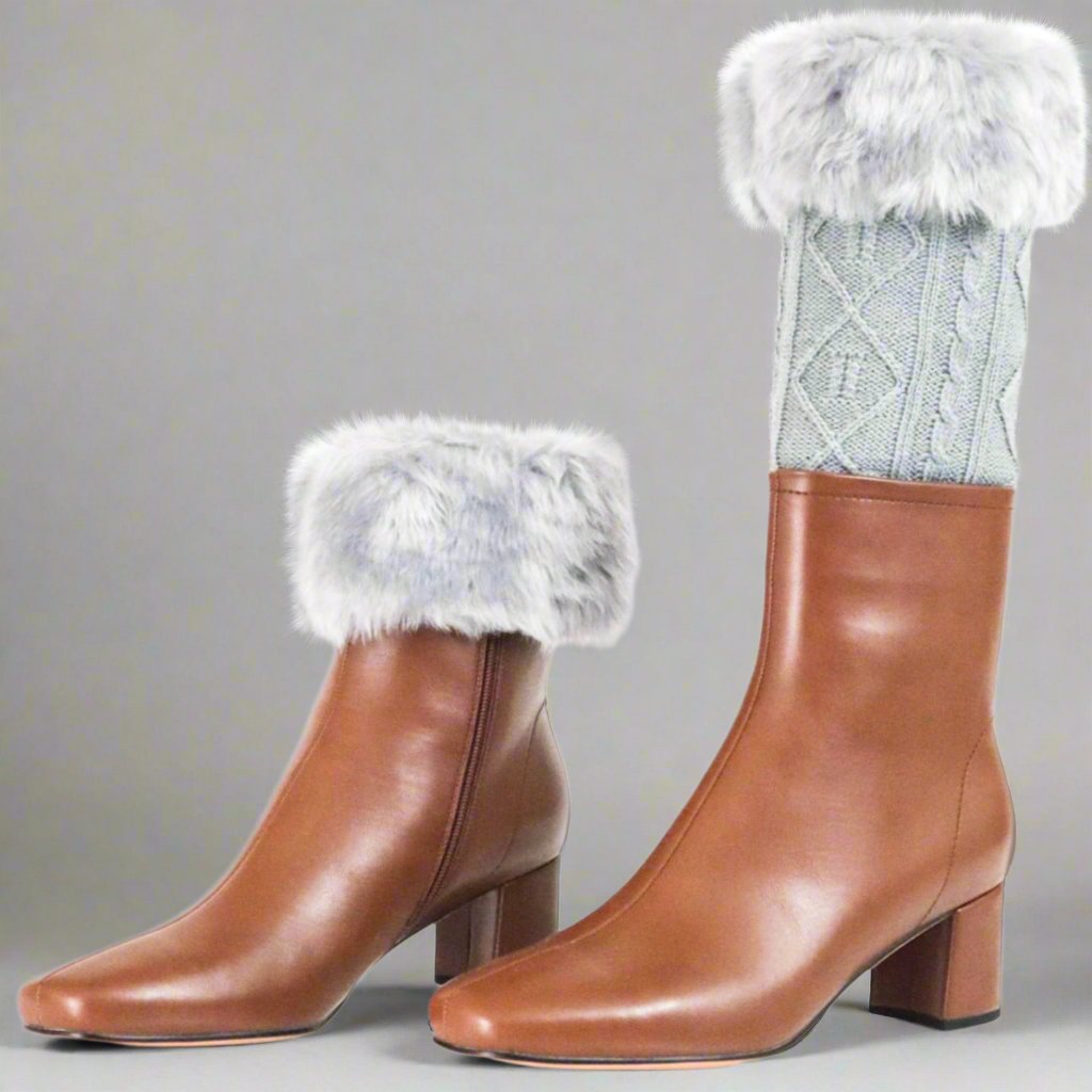 Grey fur leg warmers with chunky heel boots, cozy and chic - Peculiarity Footwear, LLC