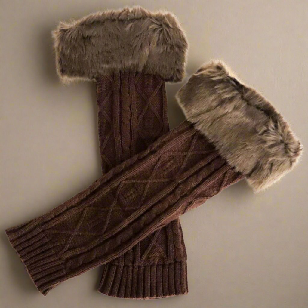 Brown fur leg warmers, pair with suede boots, extended sizes available - Peculiarity Footwear, LLC