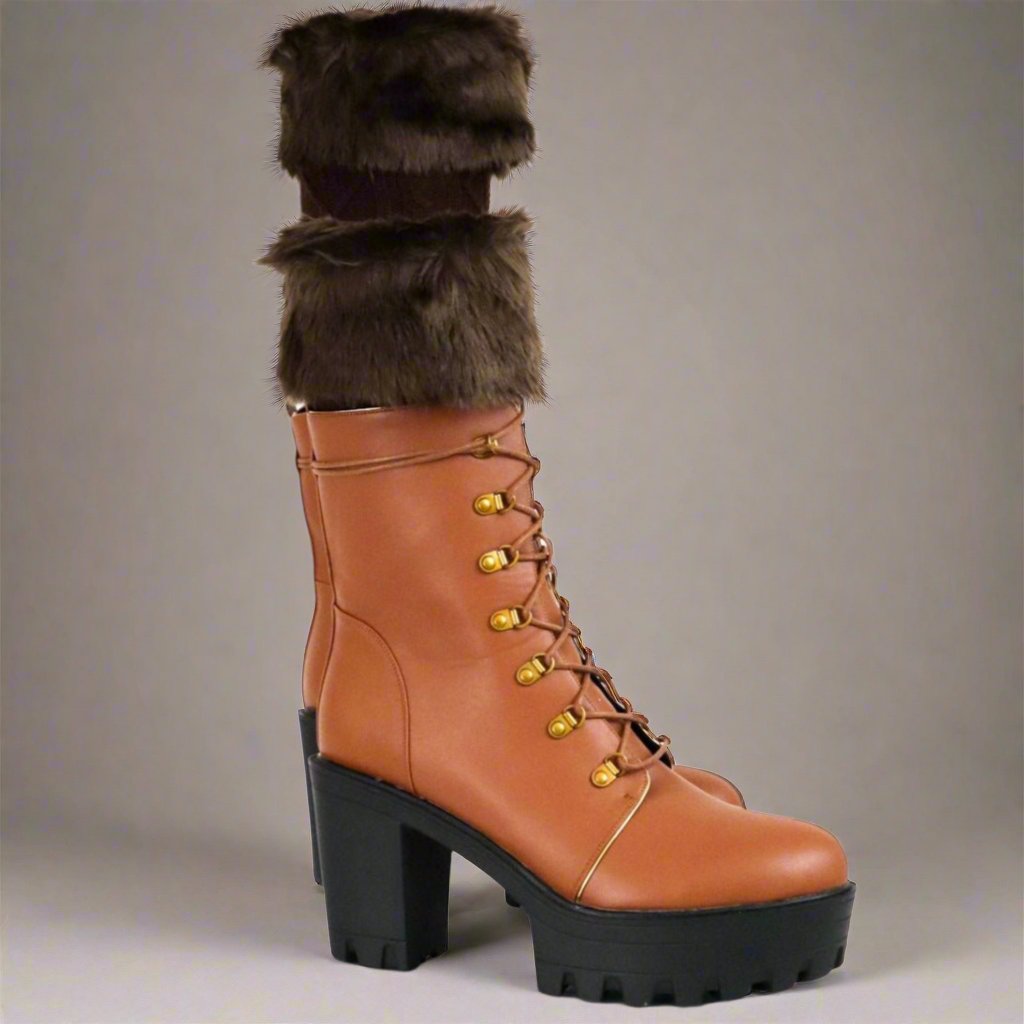 Brown fur leg warmers with leather boots, extended sizes available - Peculiarity Footwear, LLC