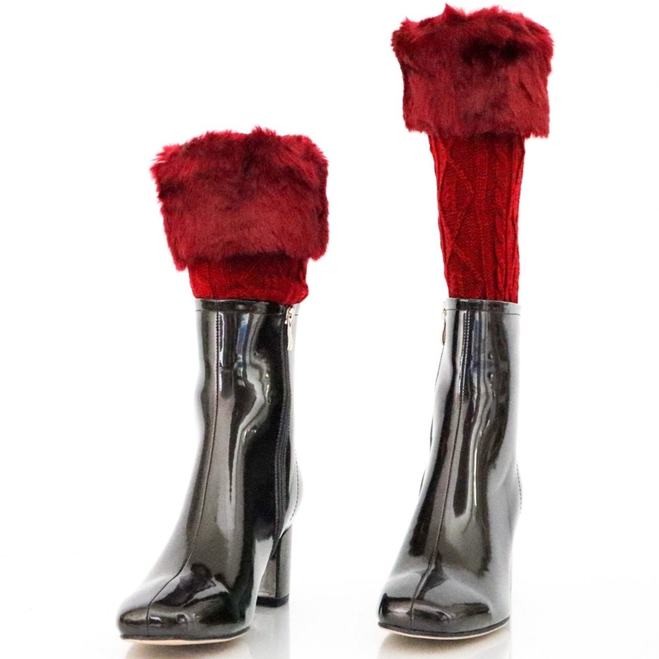 Wine red fur leg warmers paired with black boots, stylish look - Peculiarity Footwear, LLC