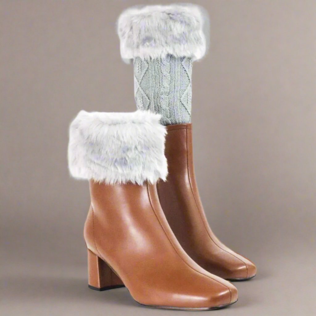 Grey fur leg warmers with low chunky heel boots, cozy and chic - Peculiarity Footwear, LLC