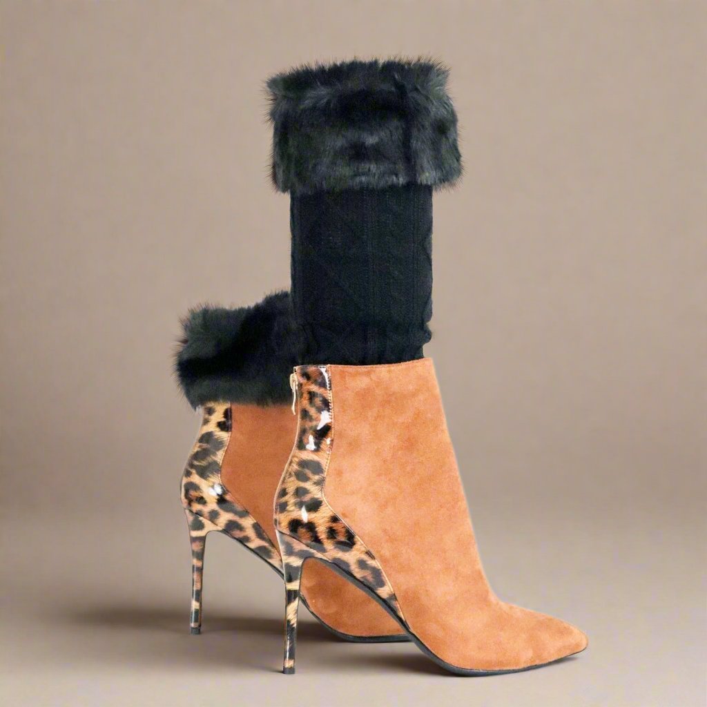 Black fur leg warmers worn with ankle boots, perfect winter style - Peculiarity Footwear, LLC