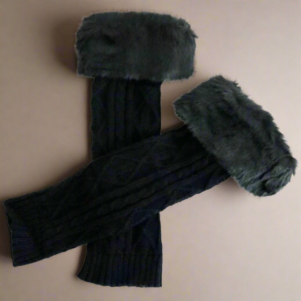 Black fur leg warmers are great with platform boots, trendy and comfortable - Peculiarity Footwear, LLC