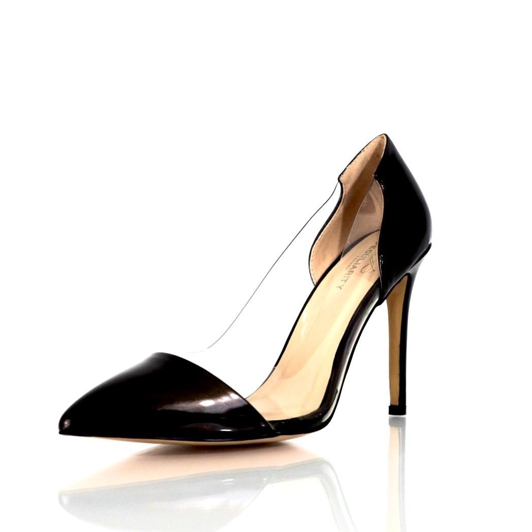 Dark brown patent stiletto heel styled with neutral outfit, sizes 8–13.