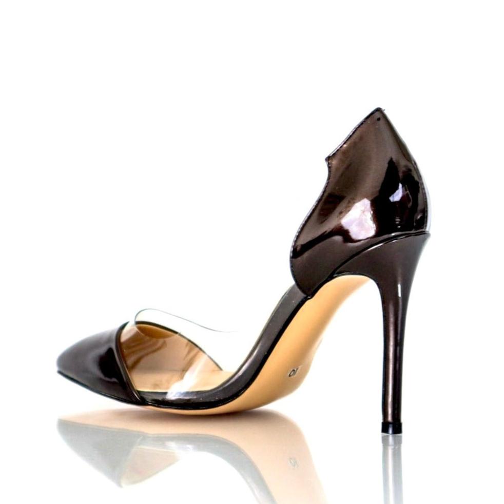 Close-up of clear PVC side panel on pointed-toe stiletto heel.