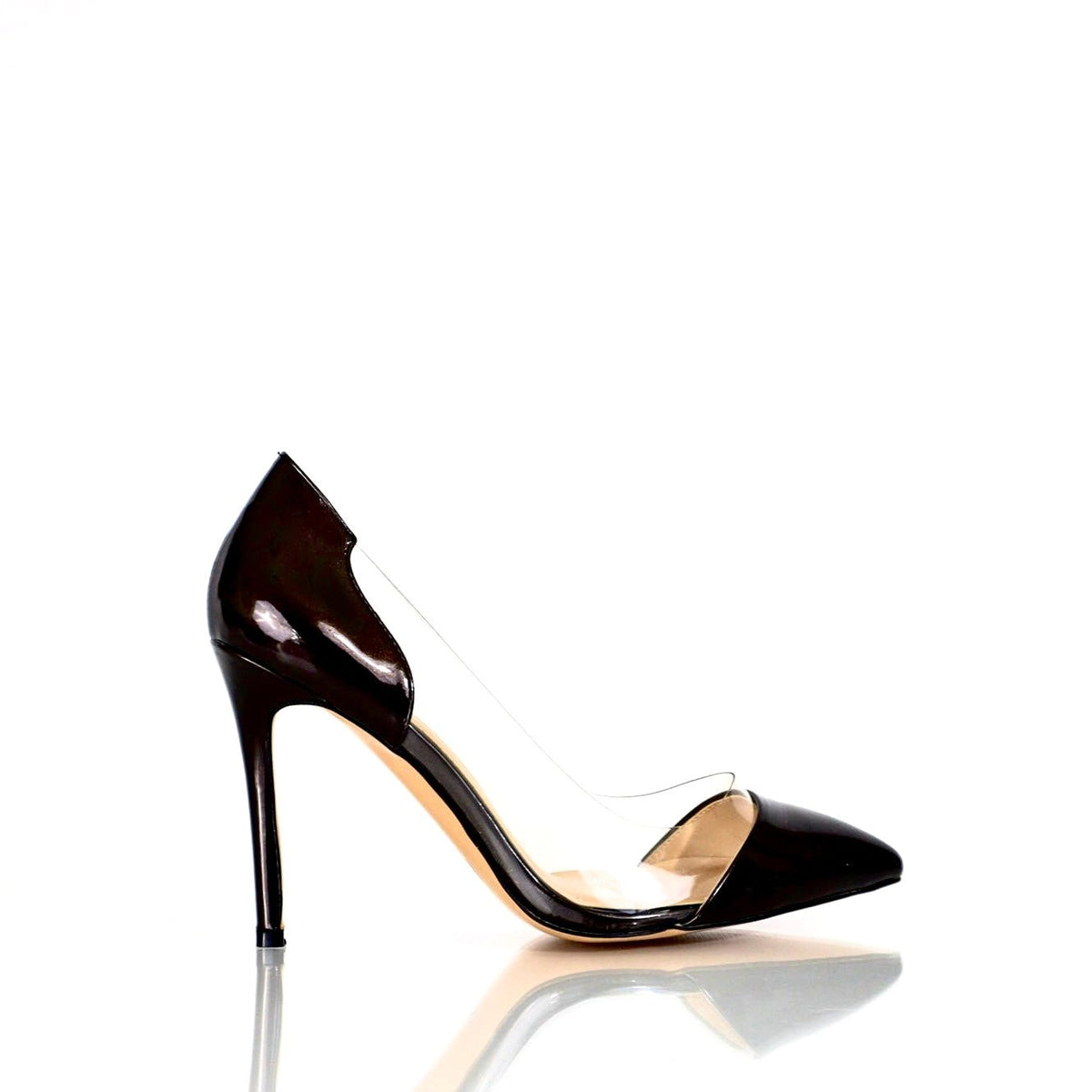 Dark brown patent pointed-toe stiletto heel with clear side panels for women, size 8–13.