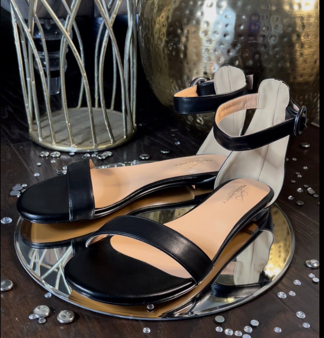 Black leather ankle strap sandals, cushioned for all-day comfort - Peculiarity Footwear, LLC