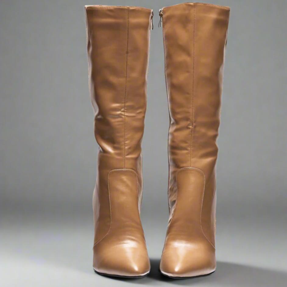 Taupe Brown Stud Nude studded narrow calf boots for women, sizes 10-15 - Peculiarity Footwear, LLC